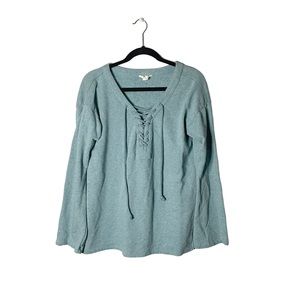 LOFT Outlet Lounge Blue Loose Fit Lace Uo Neckline Sweater Sweatshirt Loungewear